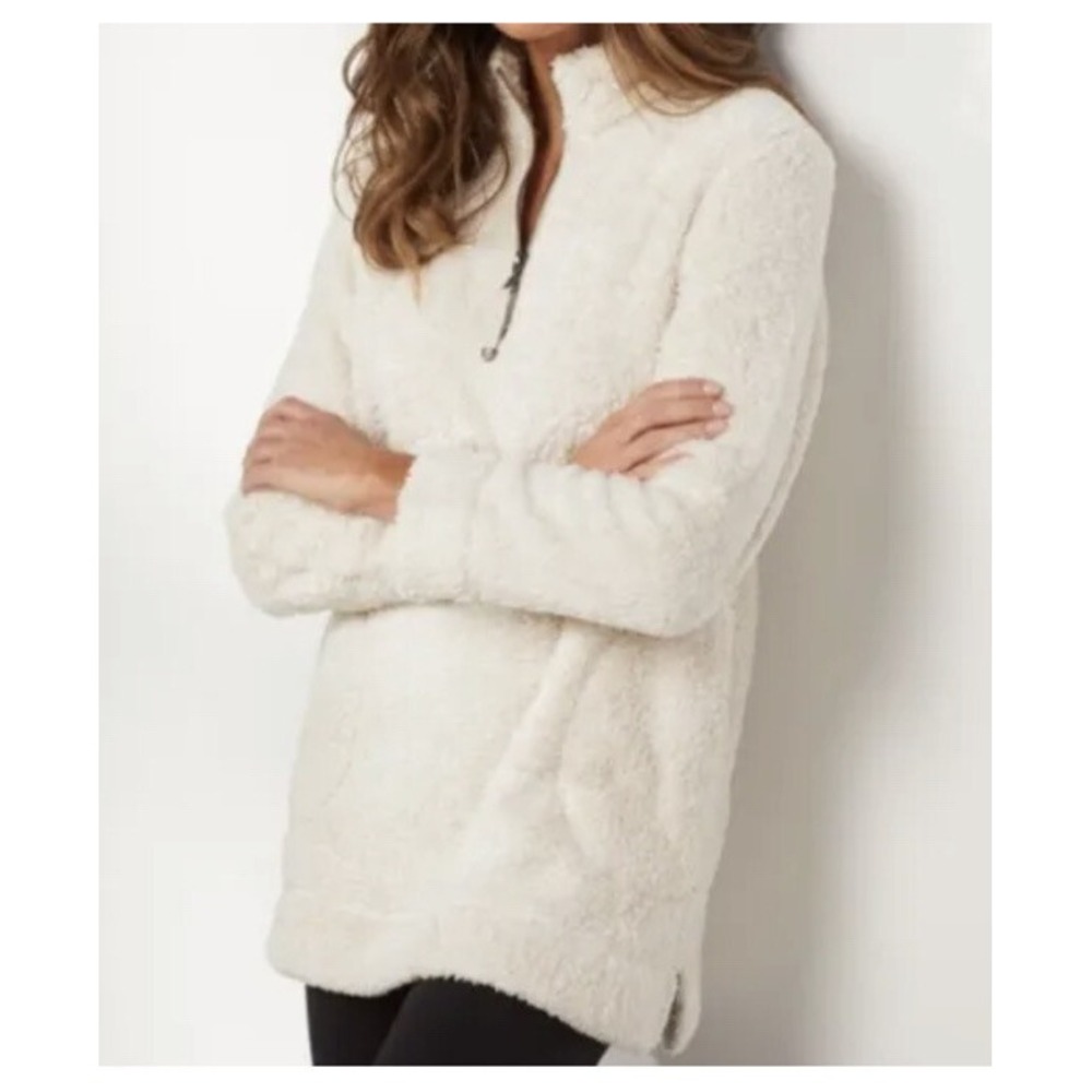 Soft Surroundings S Sherpa Ivory Pullover Shirt Quarter Zip Pockets Sweater